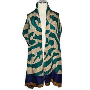 VTGAnne Klein for Vera 100% Silk Scarf Abstract Teal Blue Gold Made in Japan